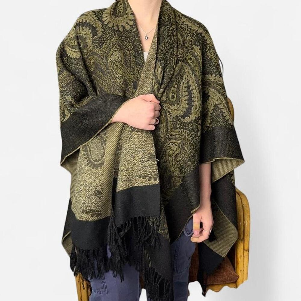 Paisley tapestry fringe poncho shawl